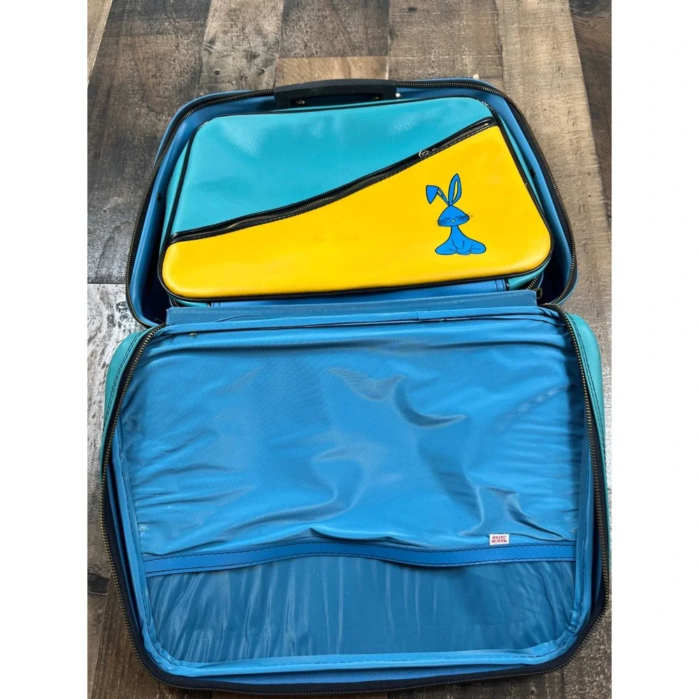 Vintage 70s Blue Yellow Bunny Nesting Suitcase Set Retro Mod Travel Bags 2pc